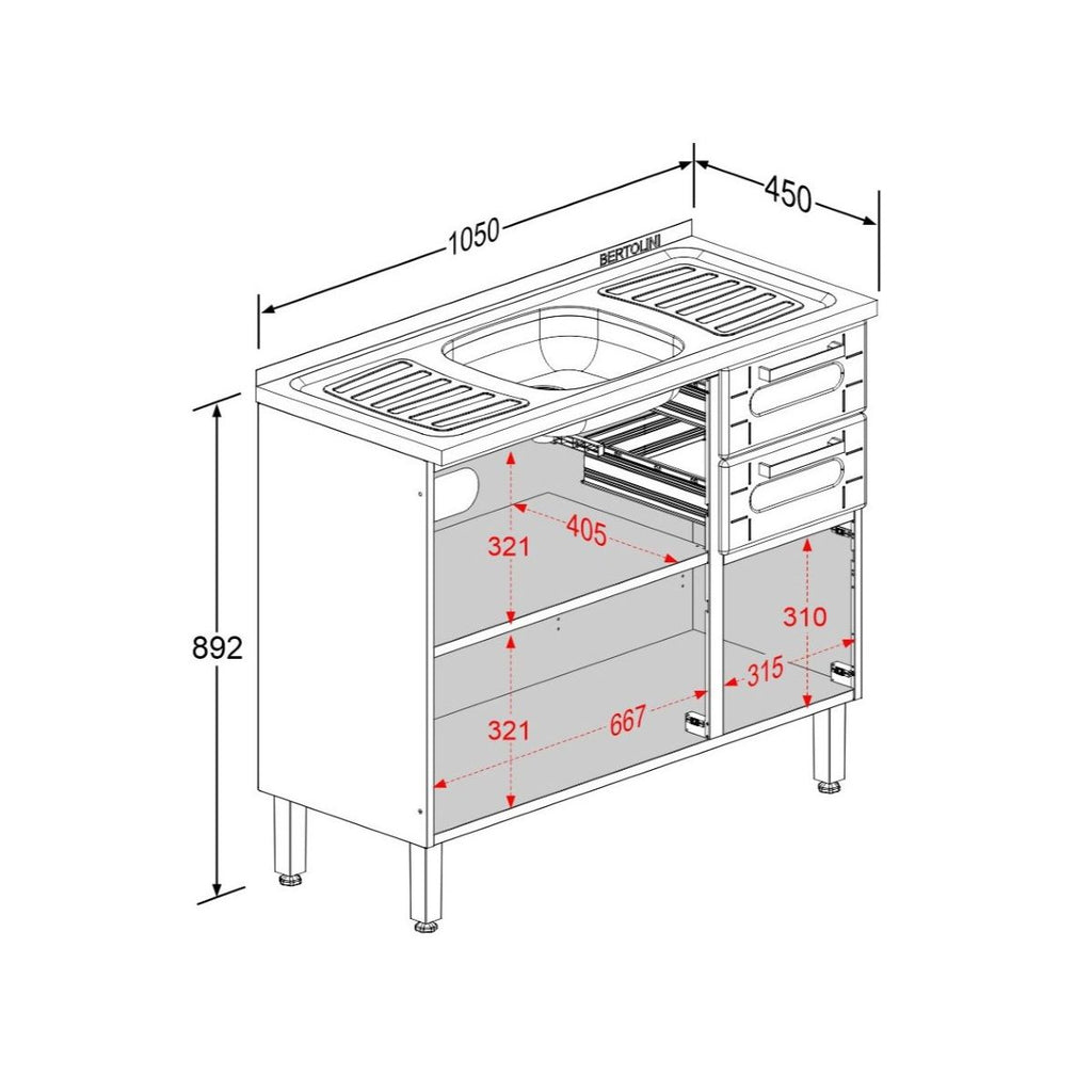 Balcão de Cozinha em Aço com Pia 3 Portas 2 Gavetas Múltipla Bertolini