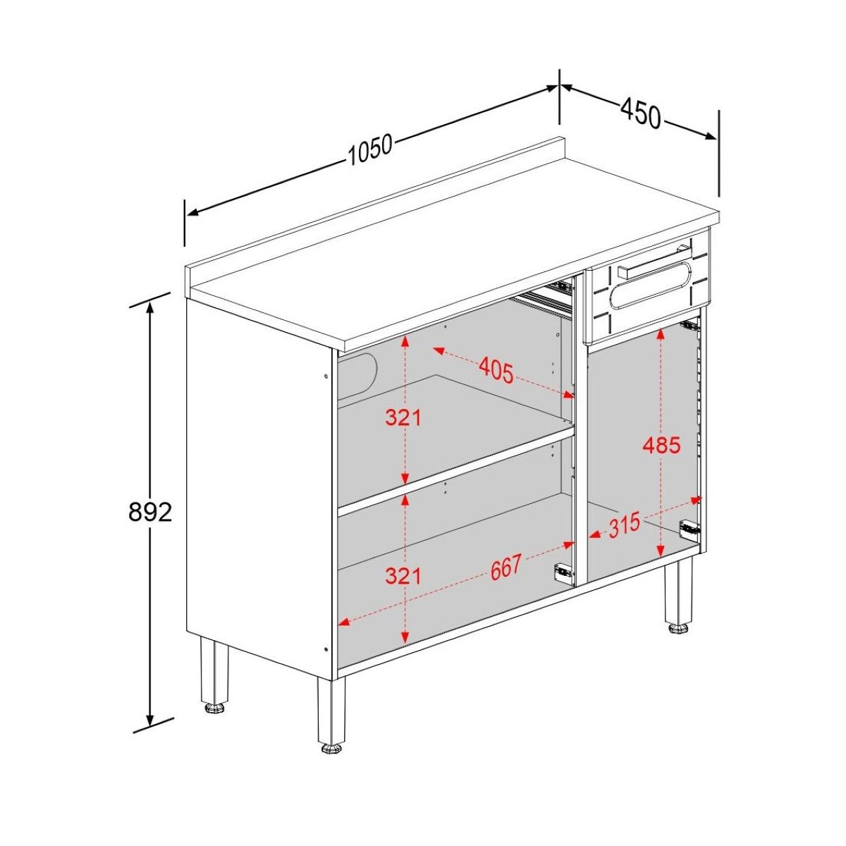Balcão de Cozinha em Aço com Tampo 3 Portas 1 Gaveta Múltipla Bertolini
