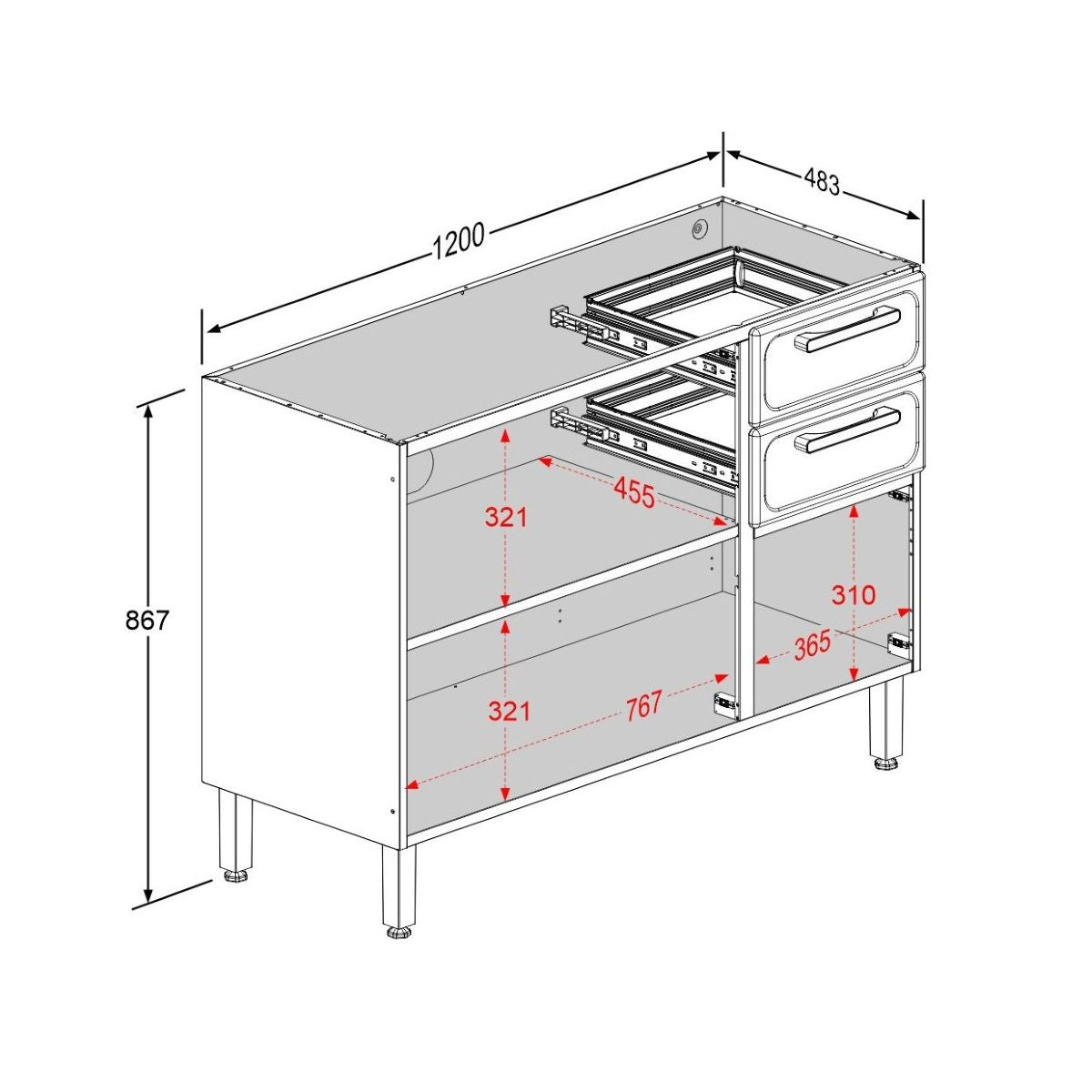 Balcão de Cozinha em Aço 3 Portas 2 Gavetas Gourmet Bertolini
