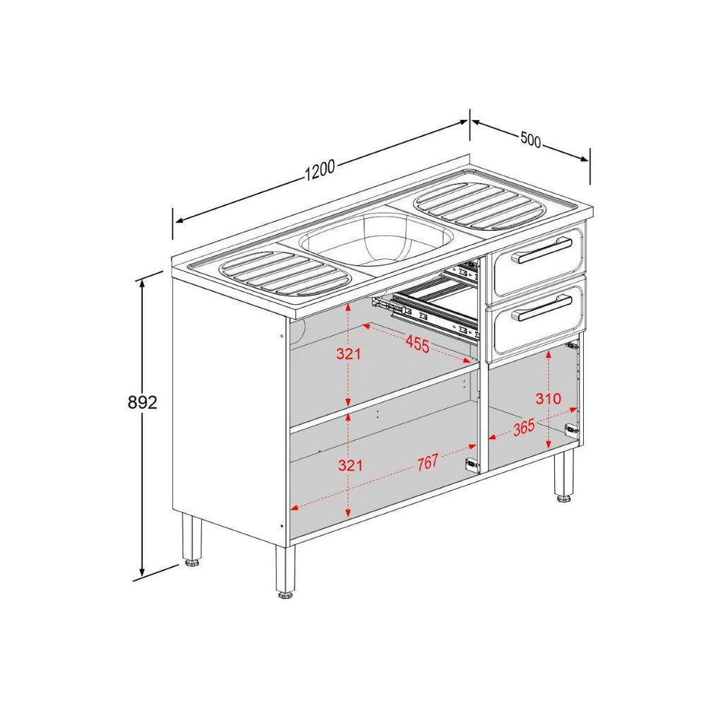 Balcão de Cozinha em Aço com Pia 3 Portas 2 Gavetas Gourmet Bertolini