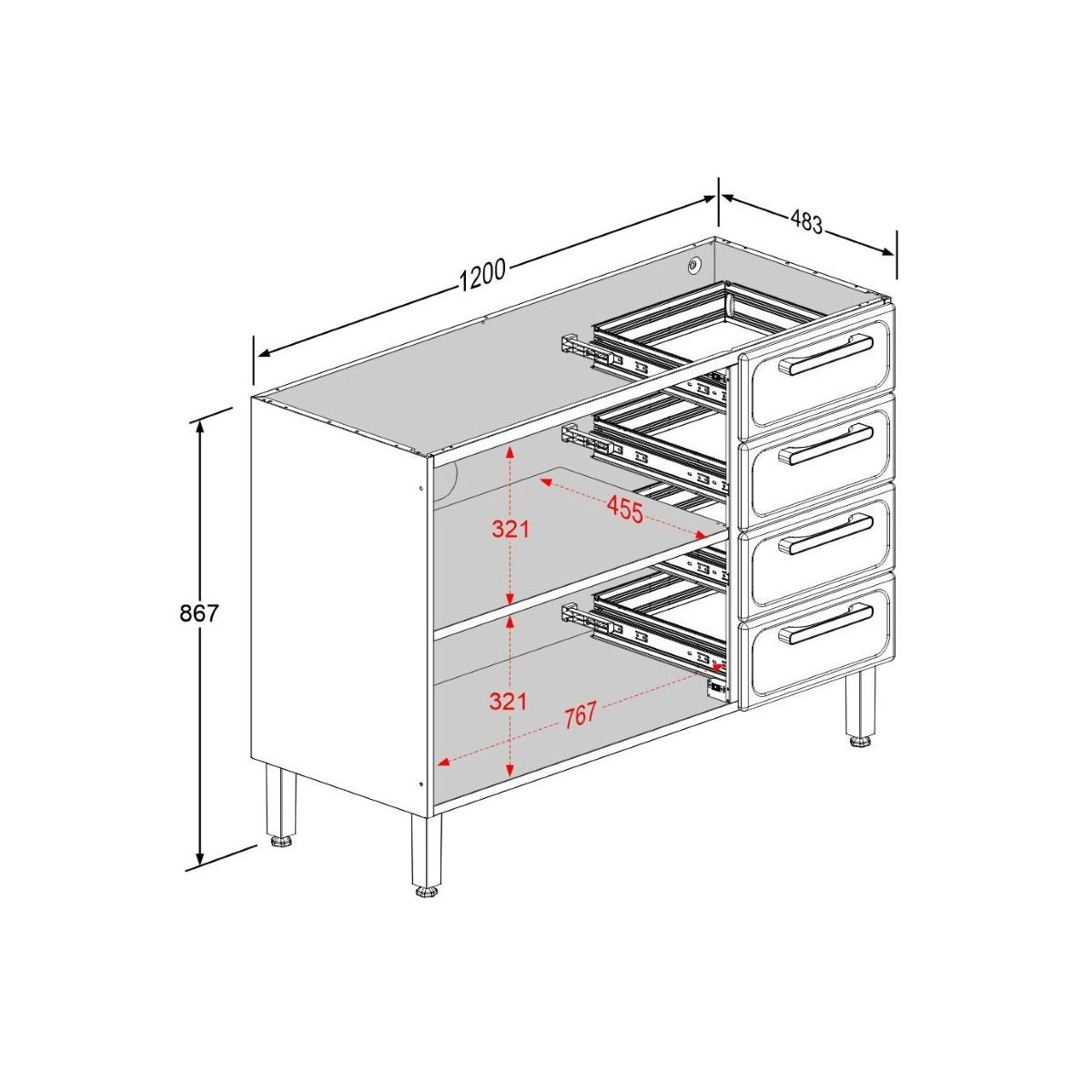 Balcão de Cozinha em Aço 2 Portas 4 Gavetas Gourmet Bertolini