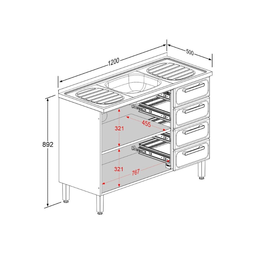Balcão de Aço com Pia 2 Portas 4 Gavetas Gourmet Bertolini