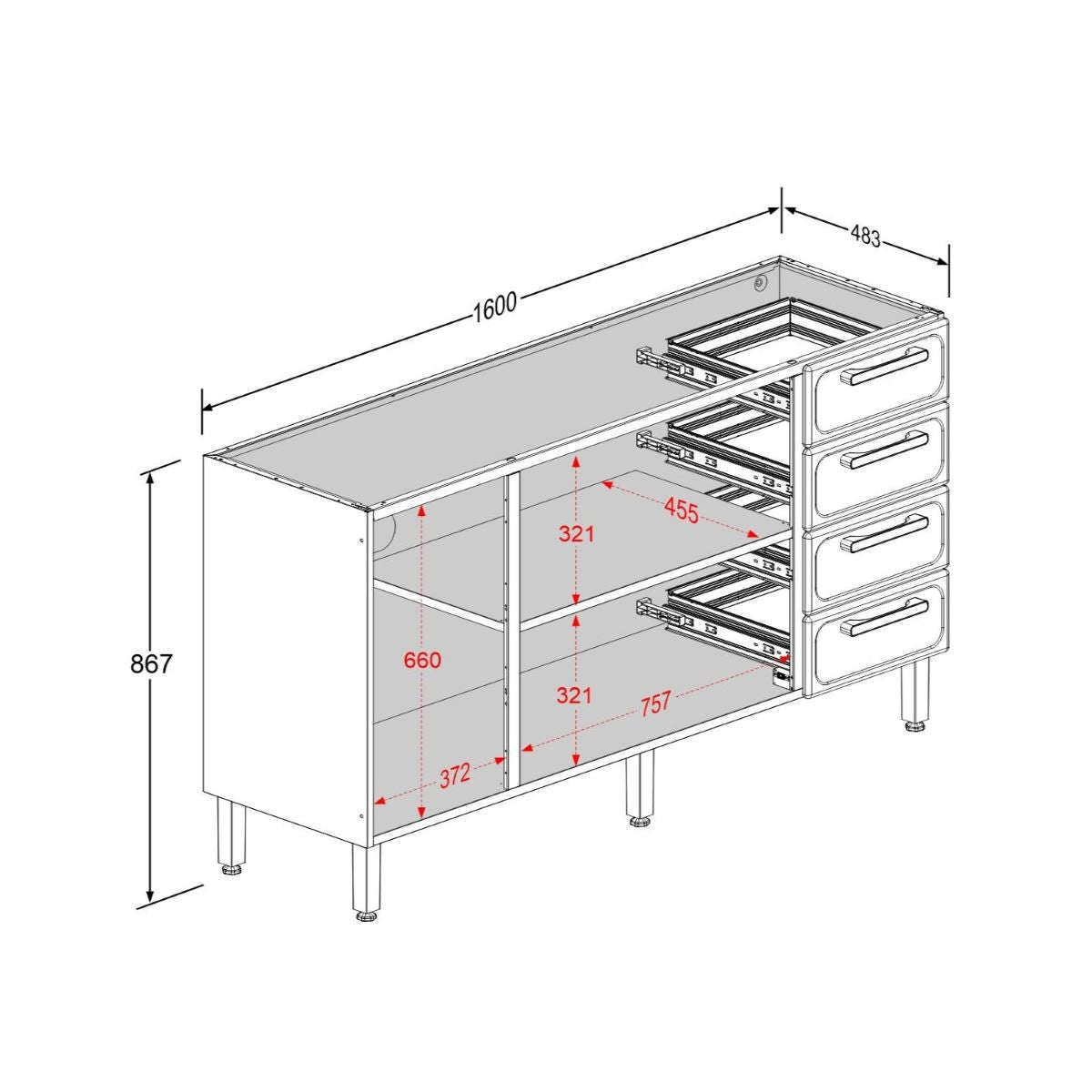 Balcão de Cozinha em Aço 3 Portas 4 Gavetas Gourmet Bertolini