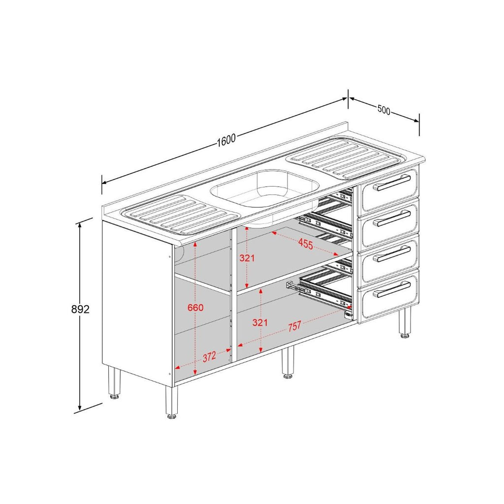 Balcão de Cozinha em Aço com Pia 3 Portas e 4 Gavetas Bella Bertolini