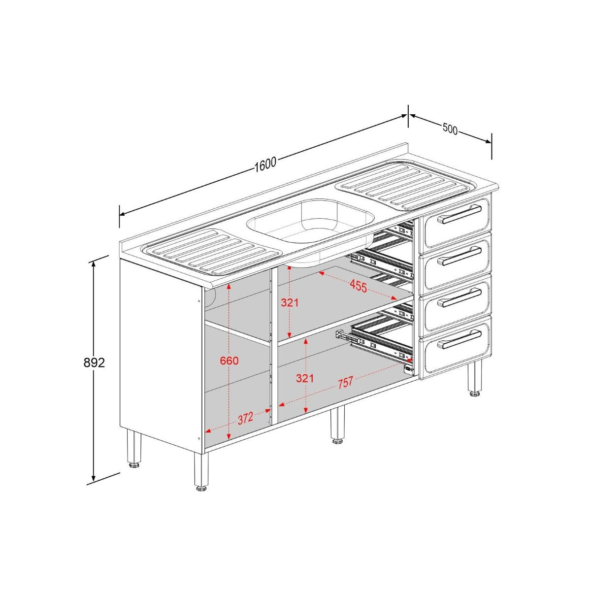 Balcão de Cozinha em Aço com Pia 3 Portas e 4 Gavetas Bella Bertolini