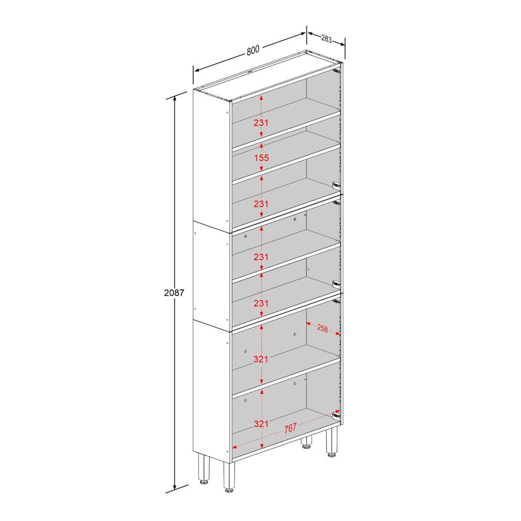 Armário de Cozinha em Aço 80cm 6 Portas 2 Vidros Estilo Bertolini