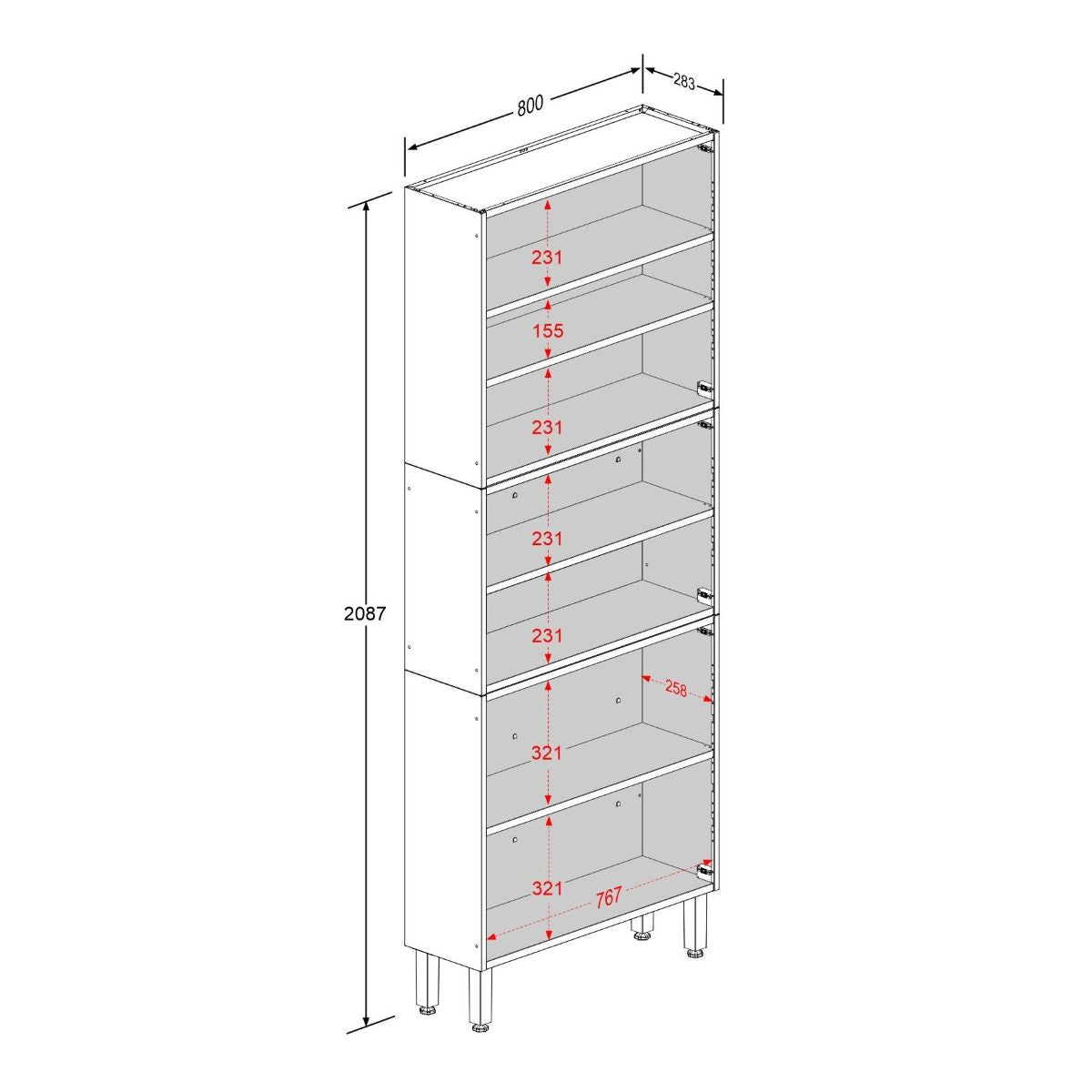 Armário de Cozinha em Aço 80cm 6 Portas 2 Vidros Estilo Bertolini