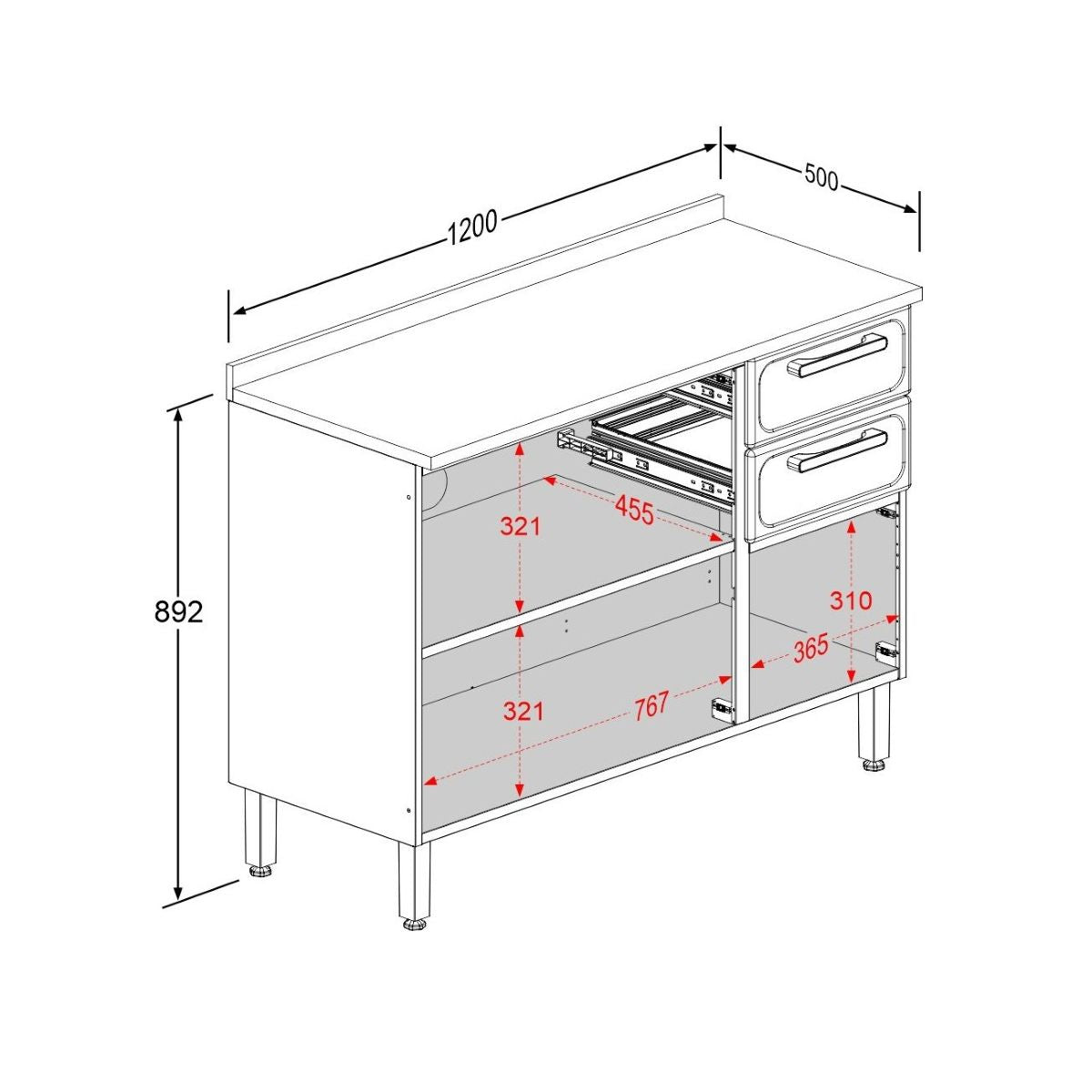 Balcão de Cozinha em Aço com Tampo 3 Portas 2 Gavetas Estilo Bertolini