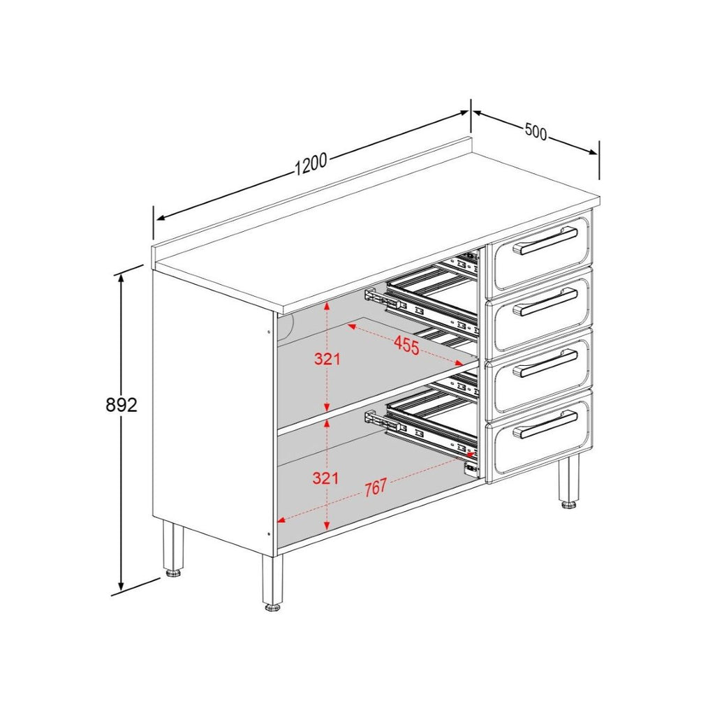 Balcão de Cozinha em Aço com Tampo 3 Portas 4 Gavetas Gourmet Bertolini