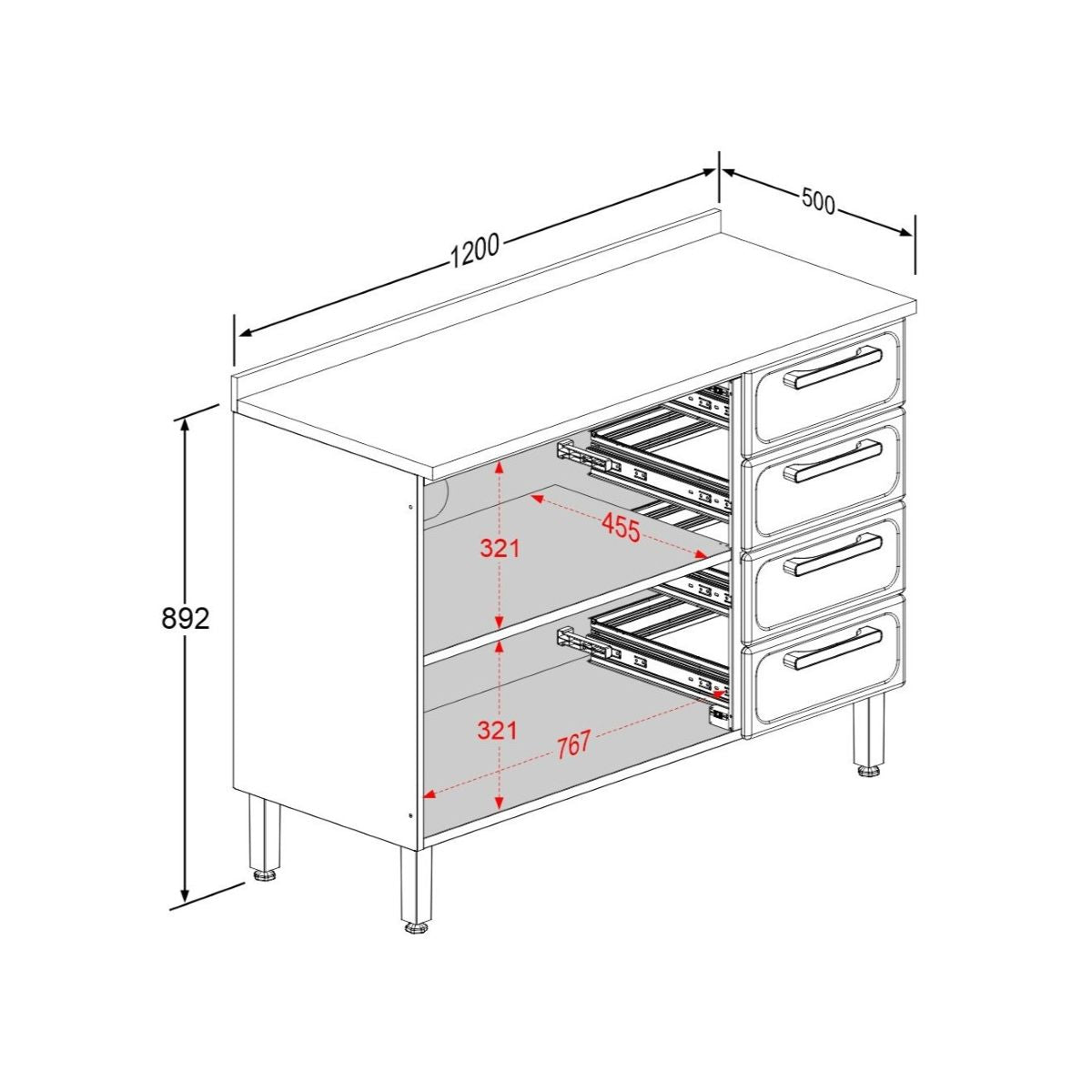 Balcão de Cozinha em Aço com Tampo 3 Portas 4 Gavetas Gourmet Bertolini
