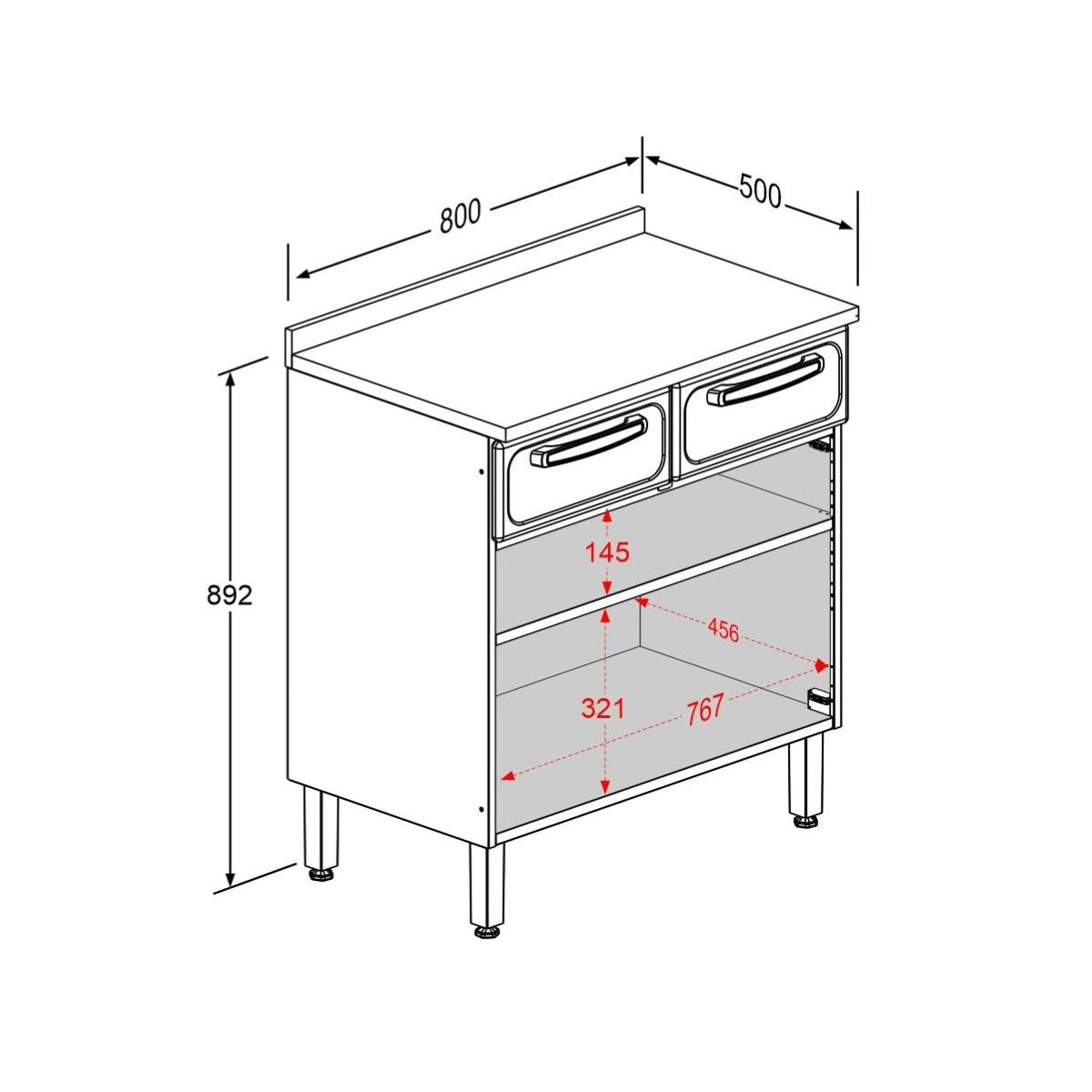 Balcão de Cozinha em Aço com Tampo 2 Portas 2 Gavetas Estilo Bertolini