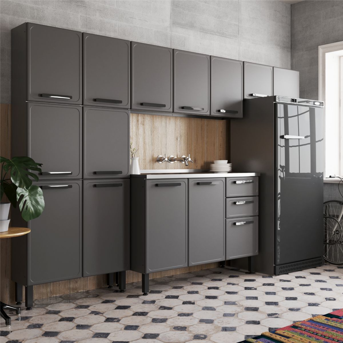 Cozinha Completa em Aço com Pia 4 Módulos Estilo Bertolini