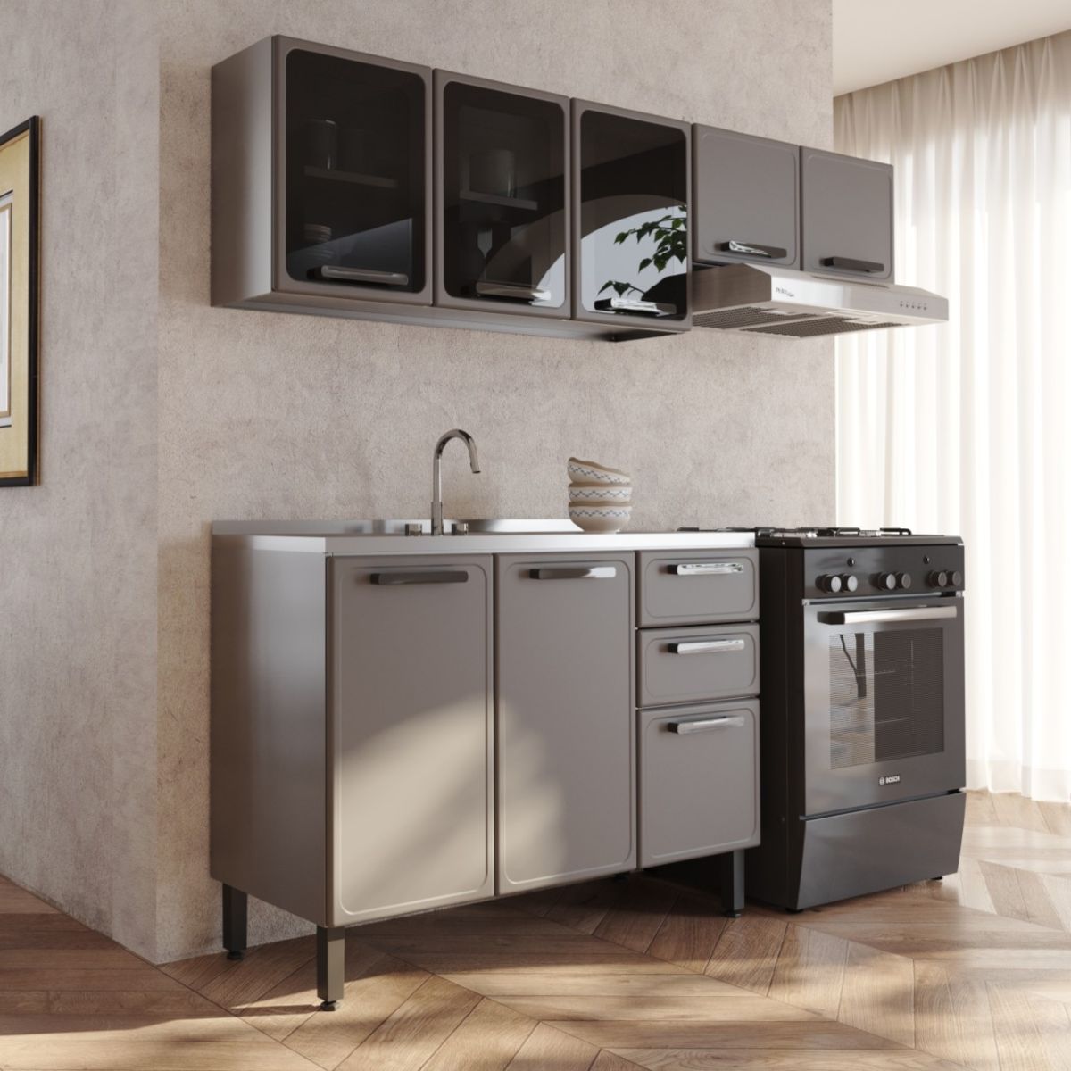 Cozinha Compacta em Aço com Pia 8 Portas 2 Gavetas Estilo Bertolini