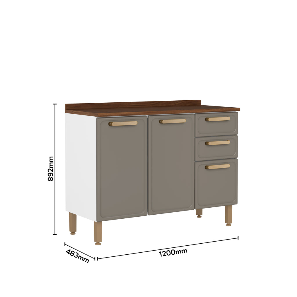 Balcão de Cozinha em Aço com Tampo MDP 3 Portas 2 Gav Essência Bertolini