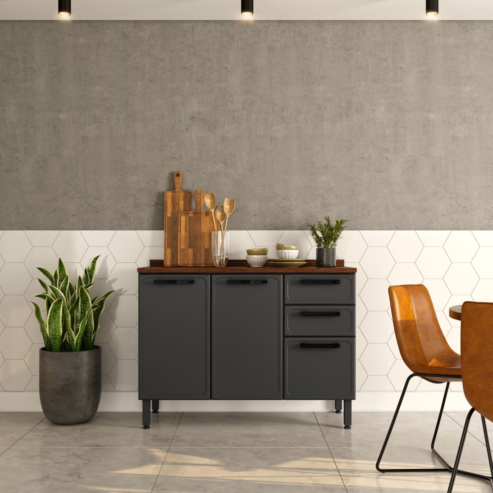 Balcão de Cozinha em Aço com Tampo 3 Portas 2 Gavetas Estilo Bertolini