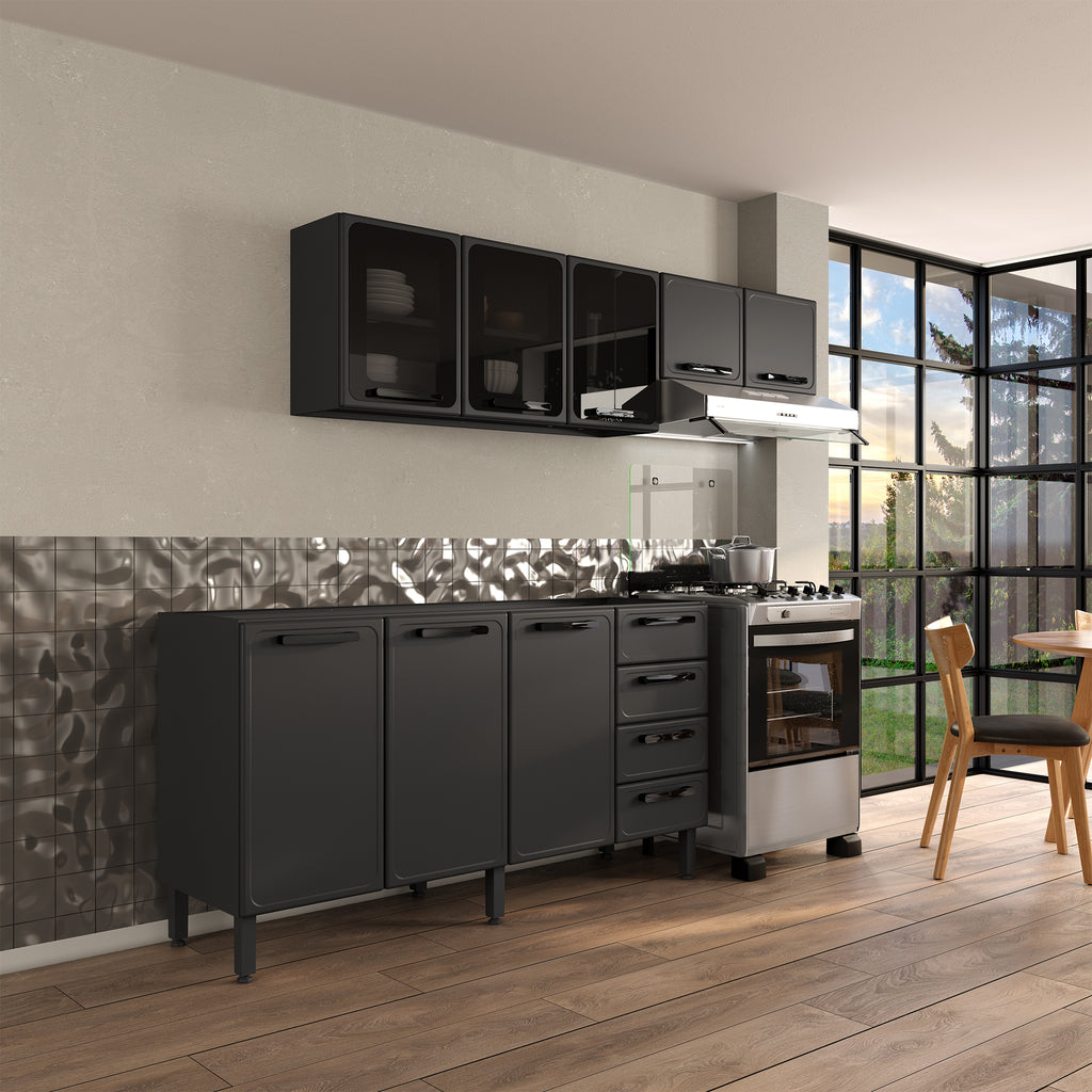 Cozinha Compacta em Aço Sem Pia 8 Portas 4 Gavetas Estilo Bertolini