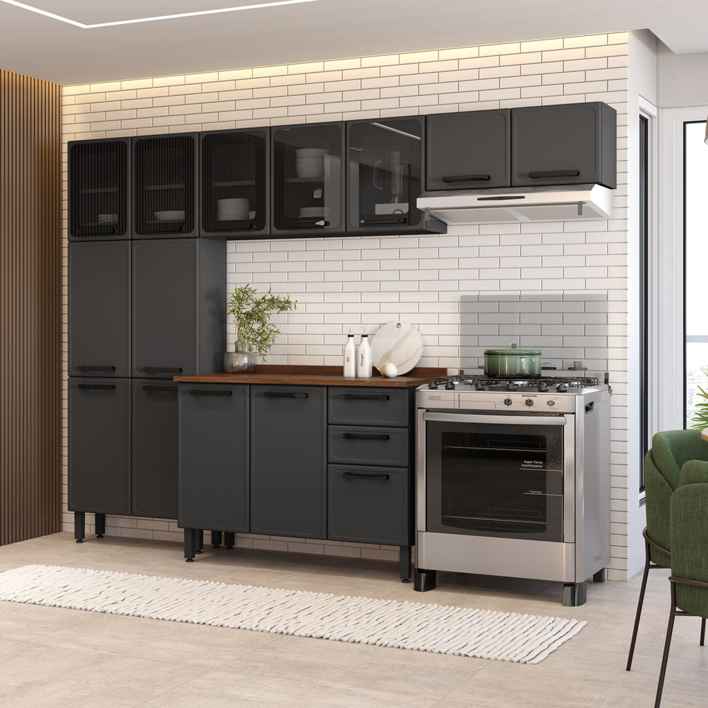 Cozinha Completa em Aço com Tampo 2 Gavetas 14 Portas Estilo Bertolini