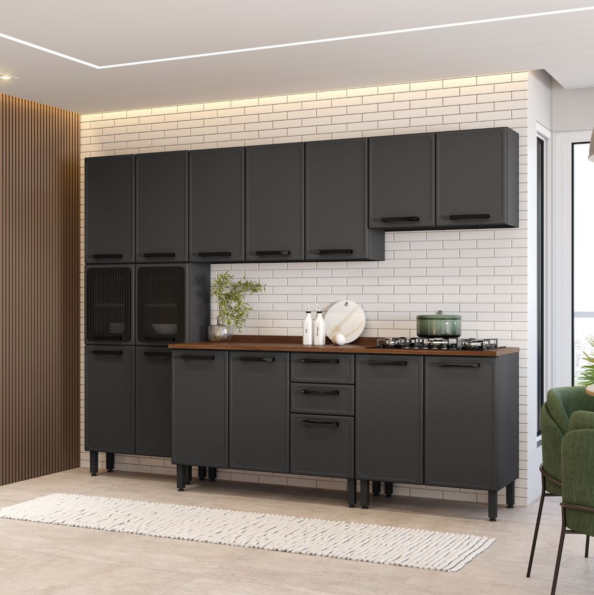 Cozinha Completa em Aço com Tampo 16 Portas 2 Gavetas Estilo Bertolini