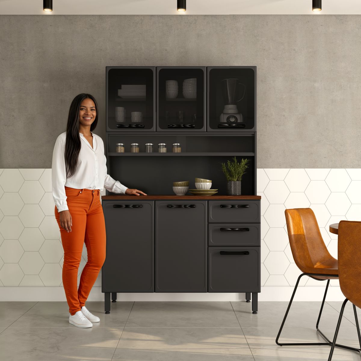 Cozinha Compacta Aço 6 Portas 3 Vidros 2 Gavetas Estilo Bertolini