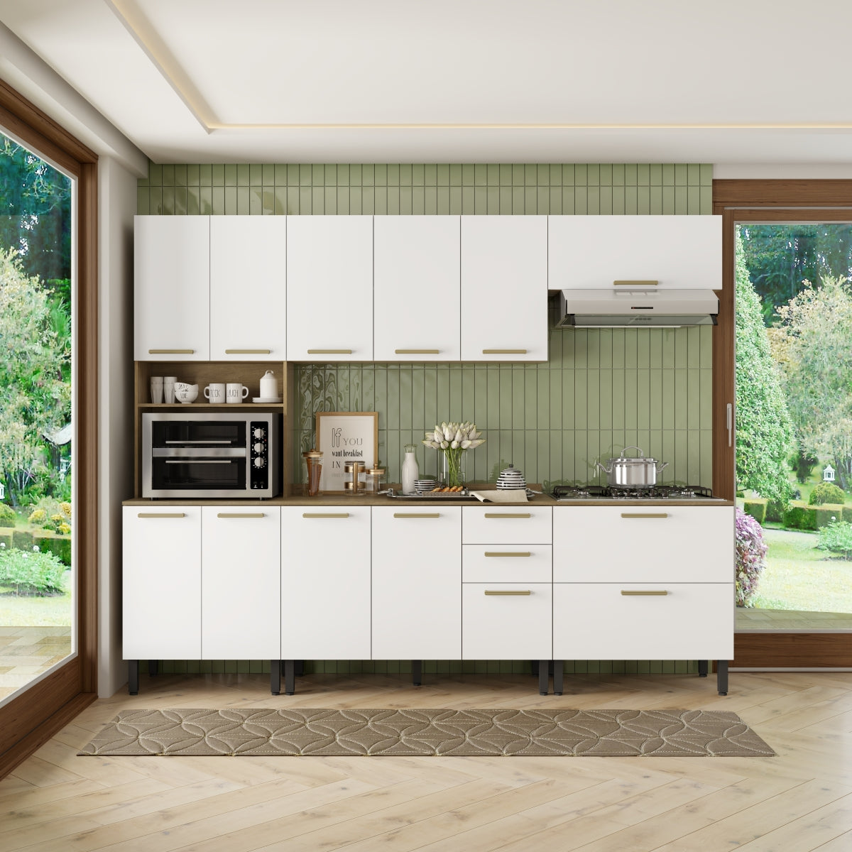 Cozinha Completa em Madeira com Tampo 12 Portas 3 Gavetas Axé Bertolini