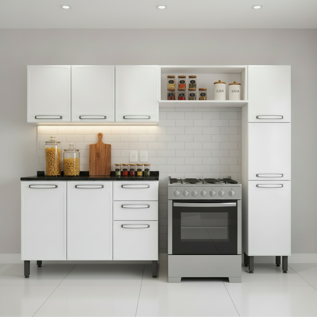 Cozinha Compacta em Aço 4 Peças 9 Portas 2 Gavetas Evidence Bertolini