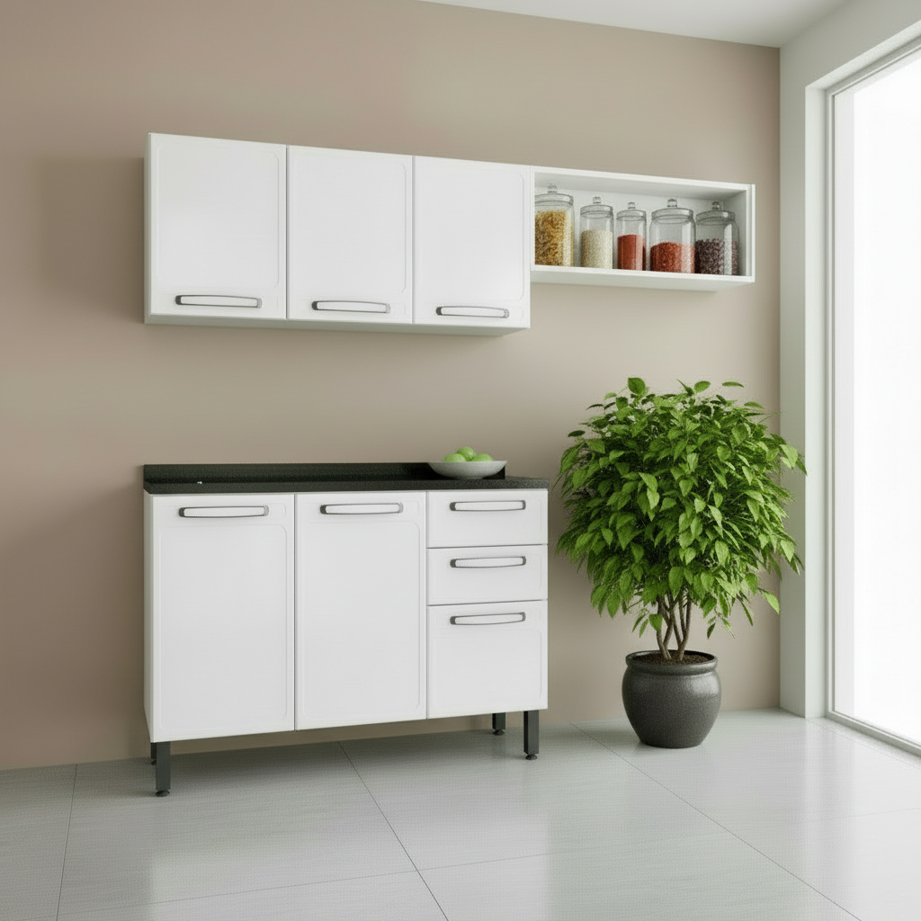 Cozinha Compacta em Aço 3 Peças 6 Portas 2 Gavetas Evidence Bertolini