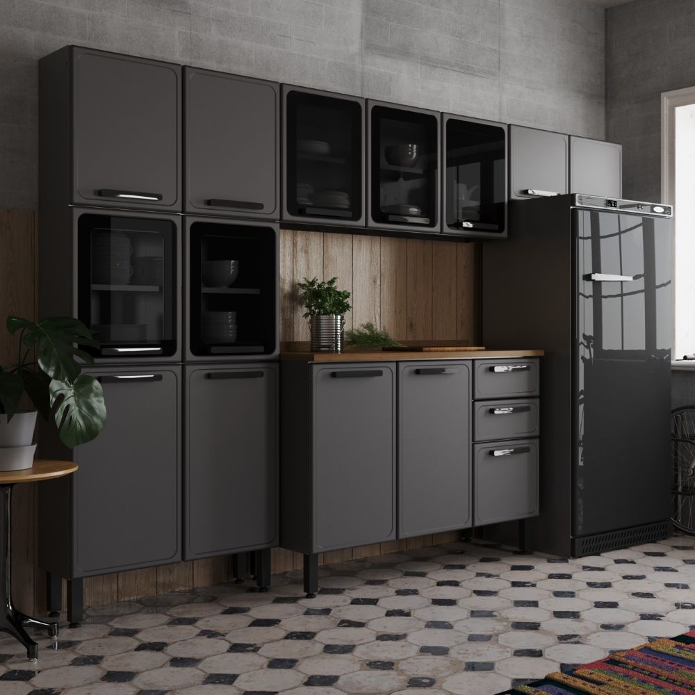 Cozinha Completa em Aço com Tampo 14 Portas 2 Gavetas Estilo Bertolini