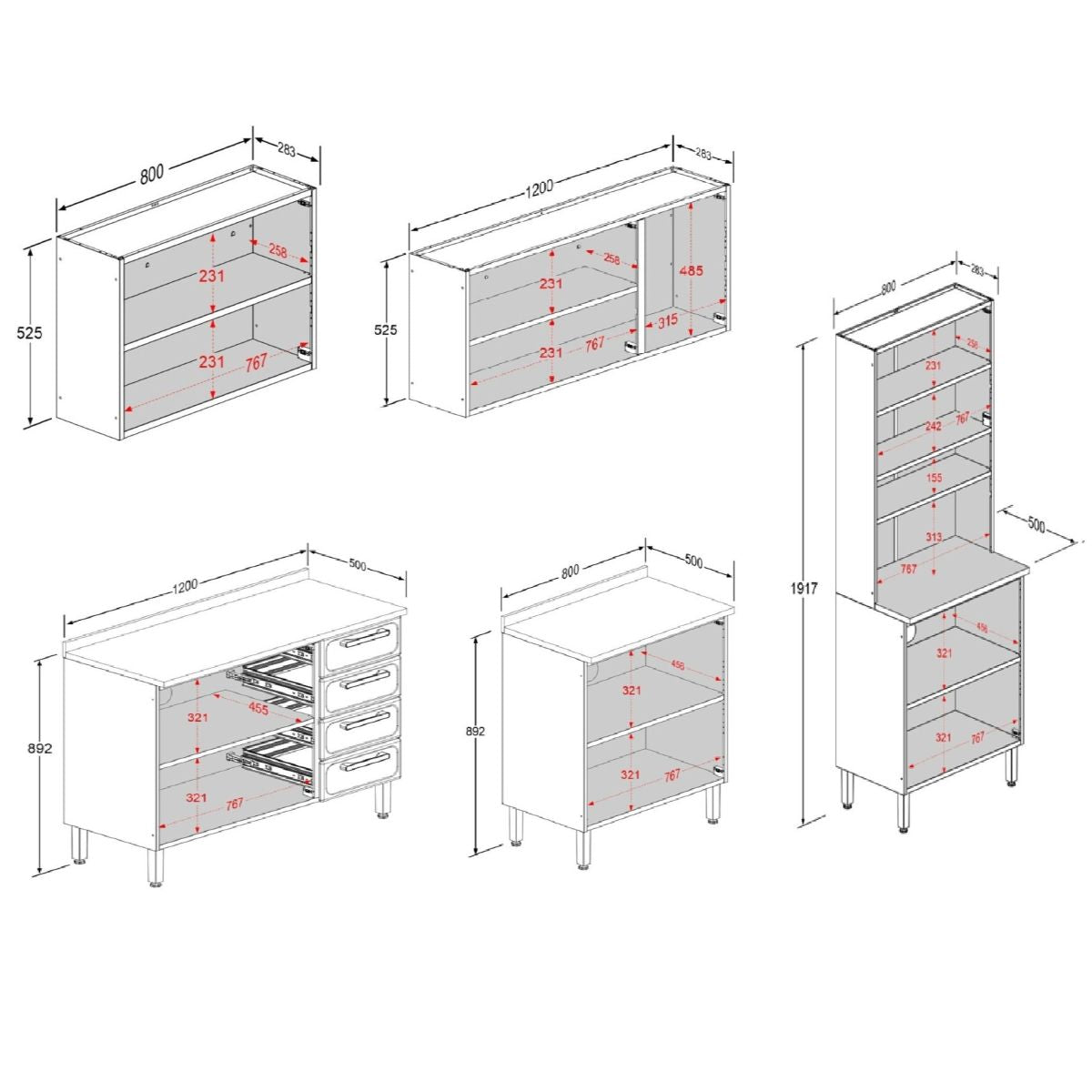 Cozinha Completa em Aço com Tampos em MDP 13 Ptas 4 Gav Bella Bertolini