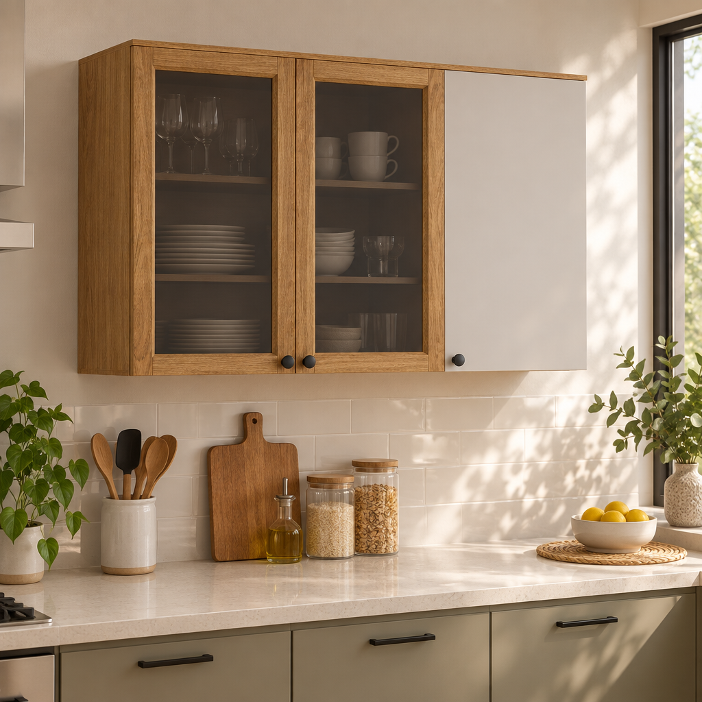 Armário aéreo com louças em ambiente de cozinha