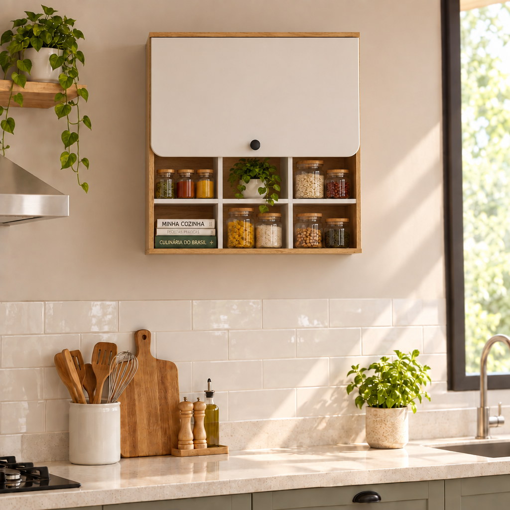 Armário aéreo quadrado em ambiente de cozinha