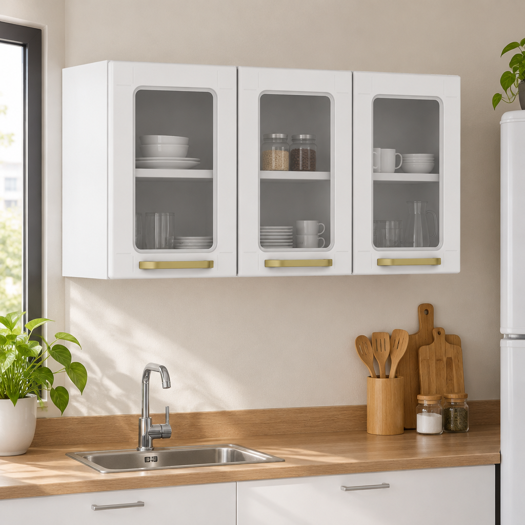 Armário Aéreo de Cozinha em Aço 3 Portas de Vidro Colors Bertolini
