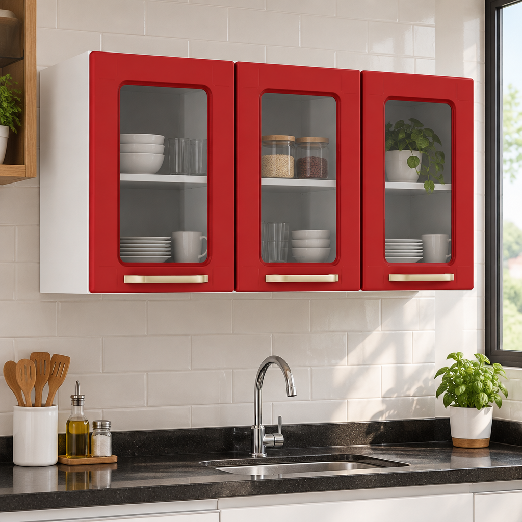 Armário Aéreo de Cozinha em Aço 3 Portas de Vidro Colors Bertolini