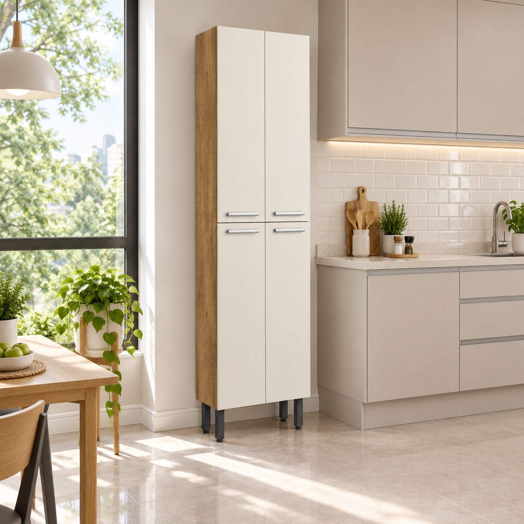 Paneleiro Samba Branco/Carvalho de quatro portas em cozinha, imagem quadrada
