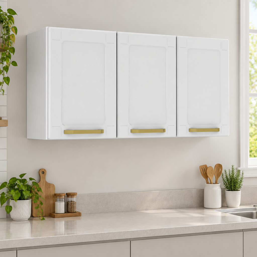 Armário aéreo alto Colors Branco de três portas em cozinha