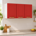 Armário aéreo alto Colors Vermelho/Branco de três portas em cozinha
