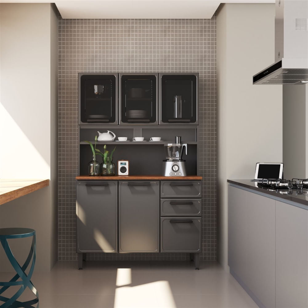 Cozinha Compacta Aço 6 Portas 3 Vidros 2 Gavetas Estilo Bertolini