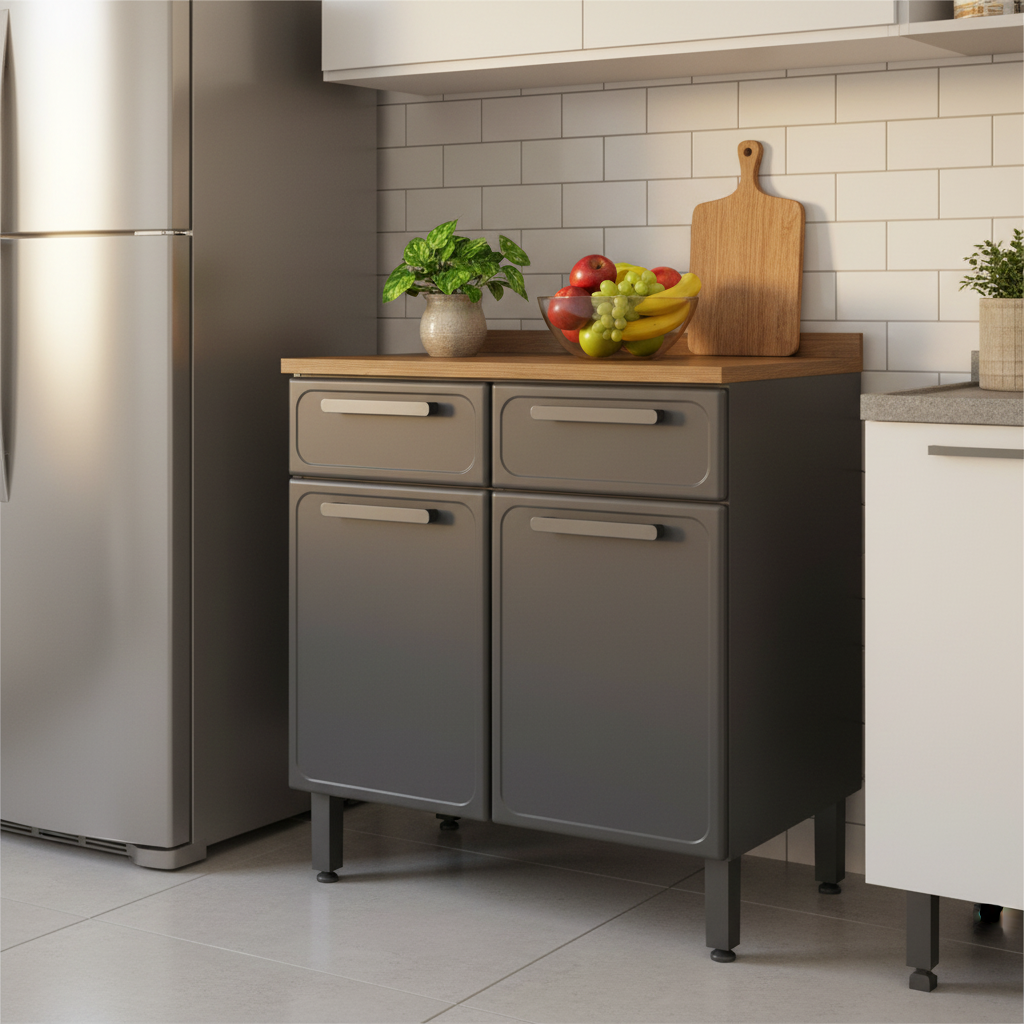 Balcão de Cozinha em Aço com Tampo 2 Portas 2 Gavetas Estilo Bertolini