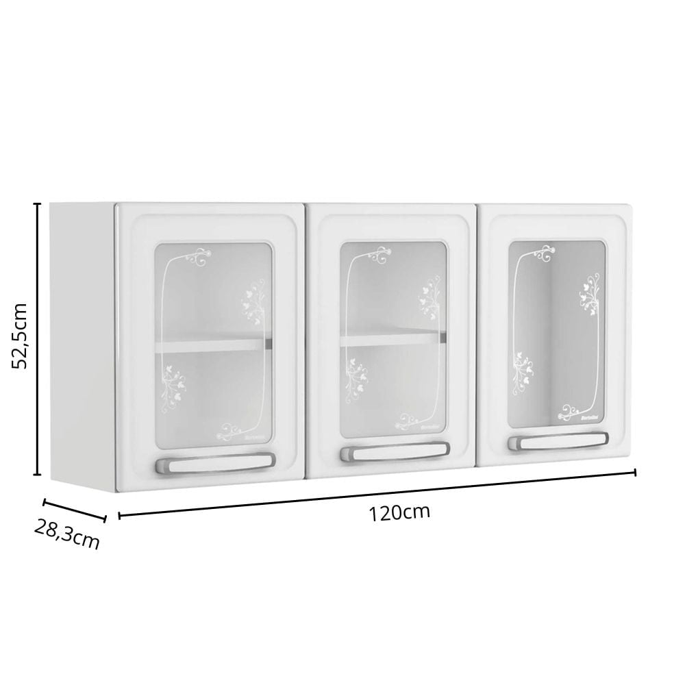 Armário Aéreo para Cozinha de Aço 3 Portas Vidro Evidence Bertolini