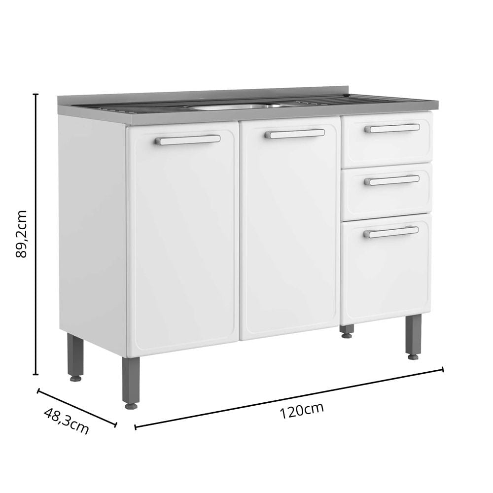 Balcão de Cozinha em Aço com Pia 3 Portas 2 Gavetas Gourmet Bertolini