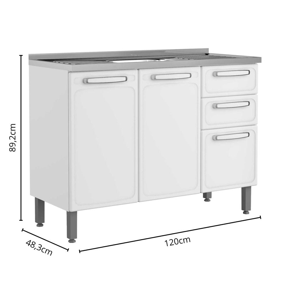 Balcão de Cozinha em Aço com Pia 3 Portas 2 Gavetas Evidence Bertolini