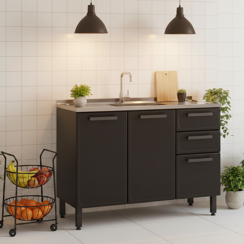 Balcão de Cozinha em Aço com Pia 3 Portas 2 Gavetas Estilo Bertolini
