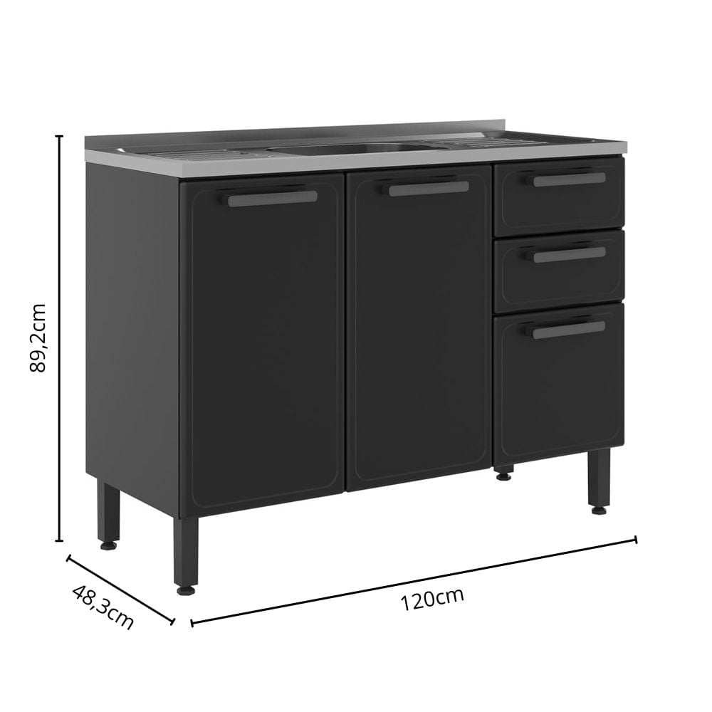 Balcão de Cozinha em Aço com Pia 3 Portas 2 Gavetas Estilo Bertolini