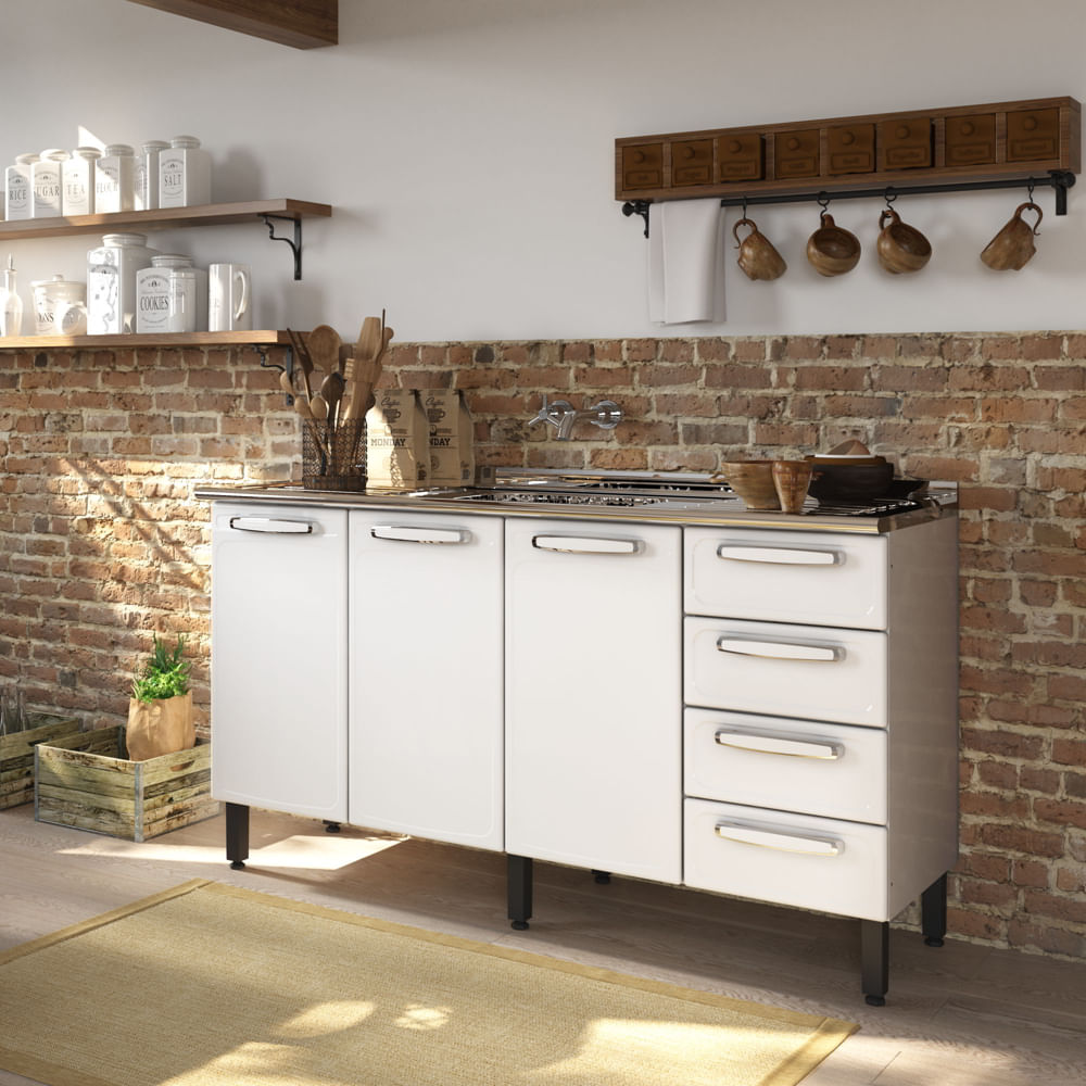 Balcão de Cozinha em Aço 3 Portas 4 Gavetas Evidence Bertolini