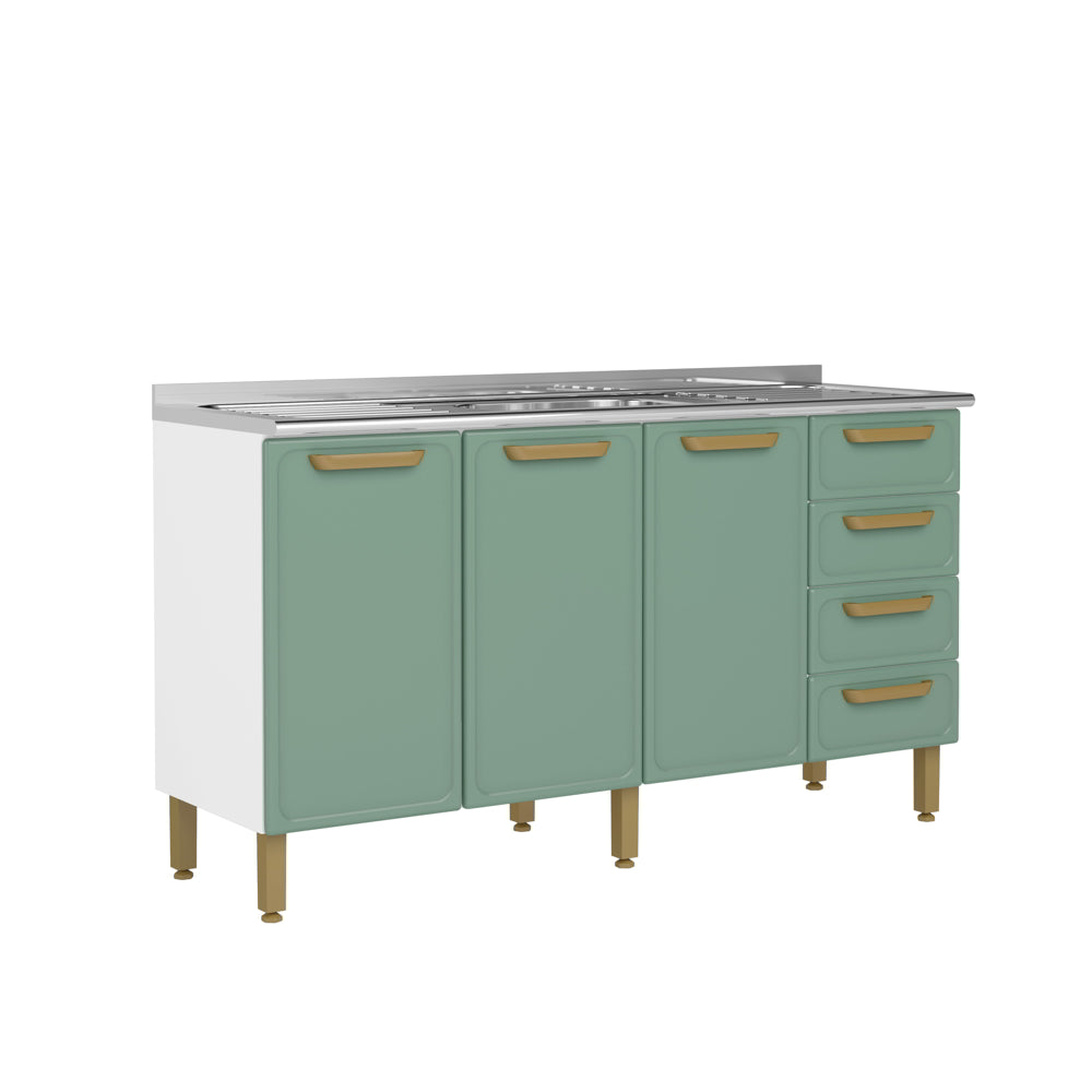 Balcão de Cozinha em Aço com Pia 3 Portas e 4 Gavetas Bella Bertolini