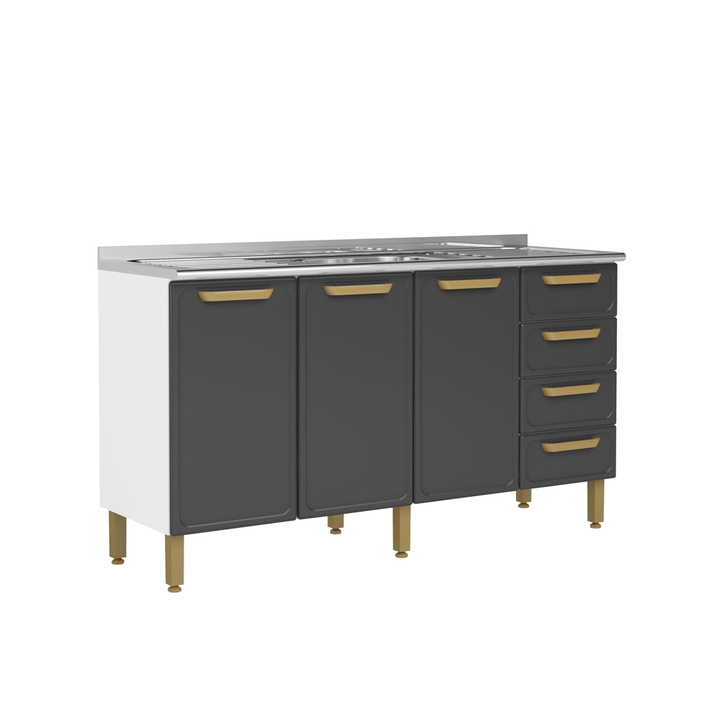 Balcão de Cozinha em Aço com Pia 3 Portas e 4 Gavetas Bella Bertolini