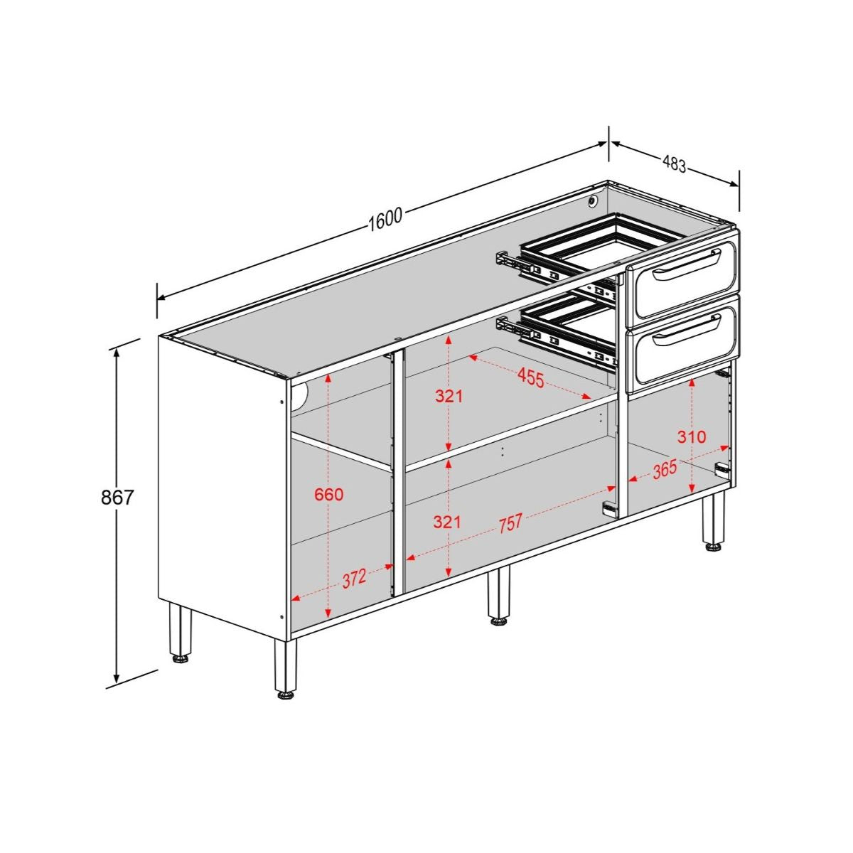 Balcão de Cozinha em Aço 4 Portas 2 Gavetas Gourmet Bertolini