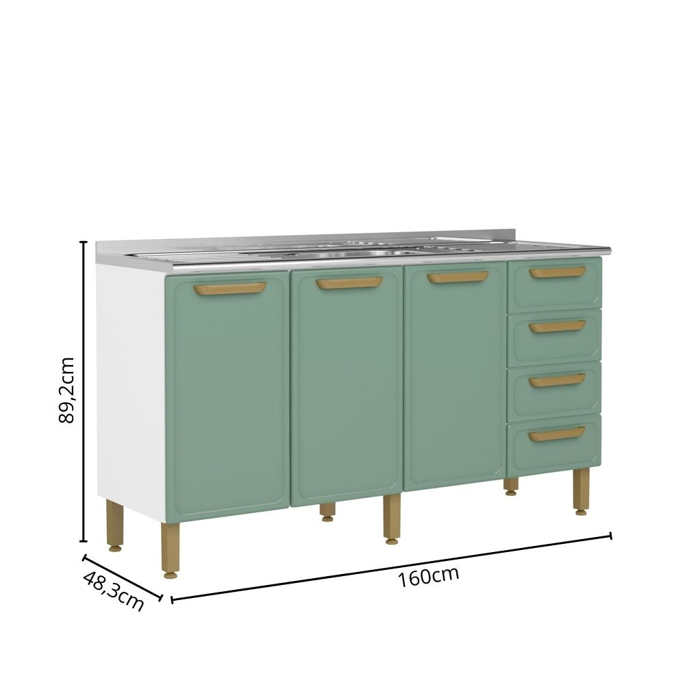Balcão de Cozinha em Aço com Pia 3 Portas e 4 Gavetas Bella Bertolini