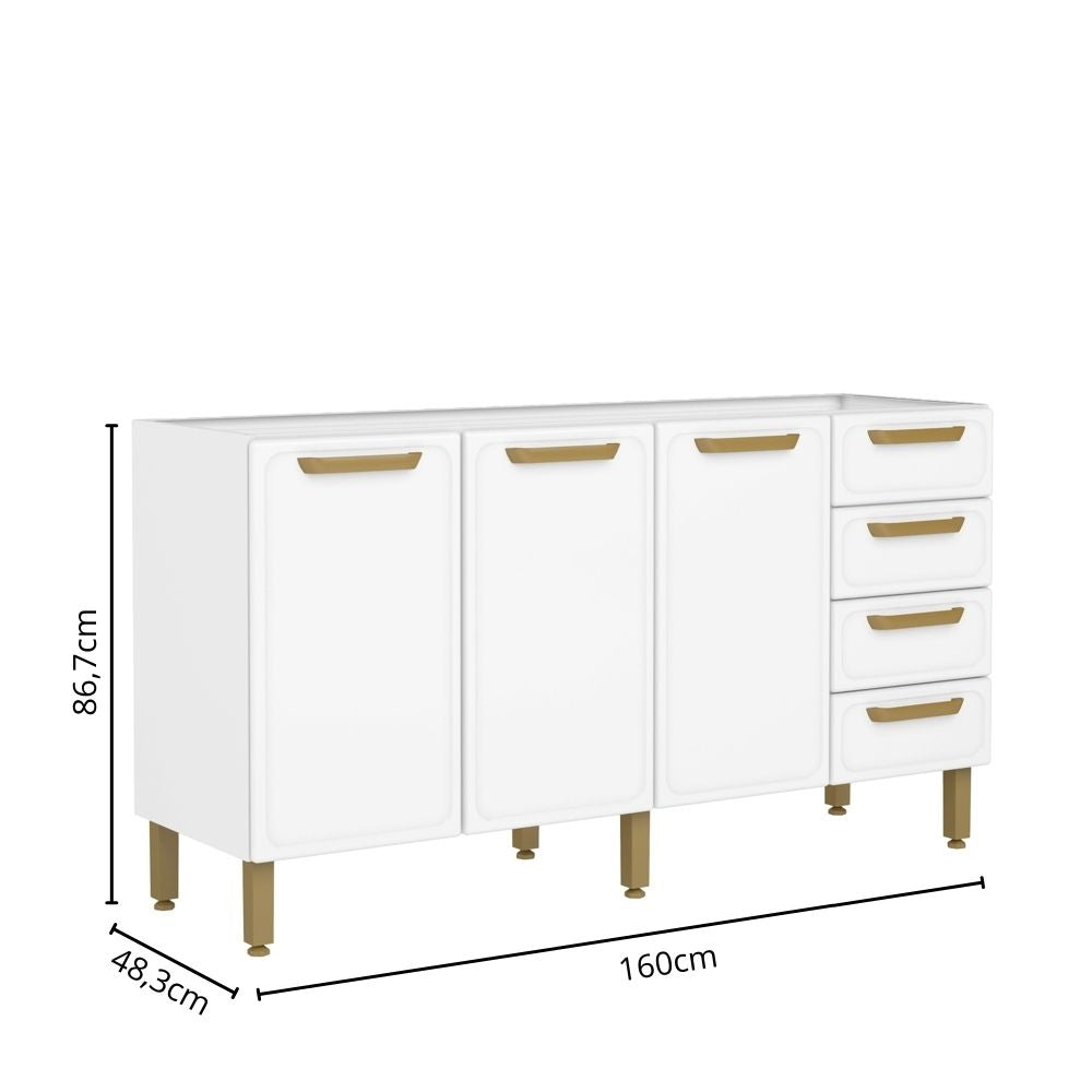 Balcão de Cozinha em Aço sem Pia com 3 Portas e 4 Gavetas Bella Bertolini