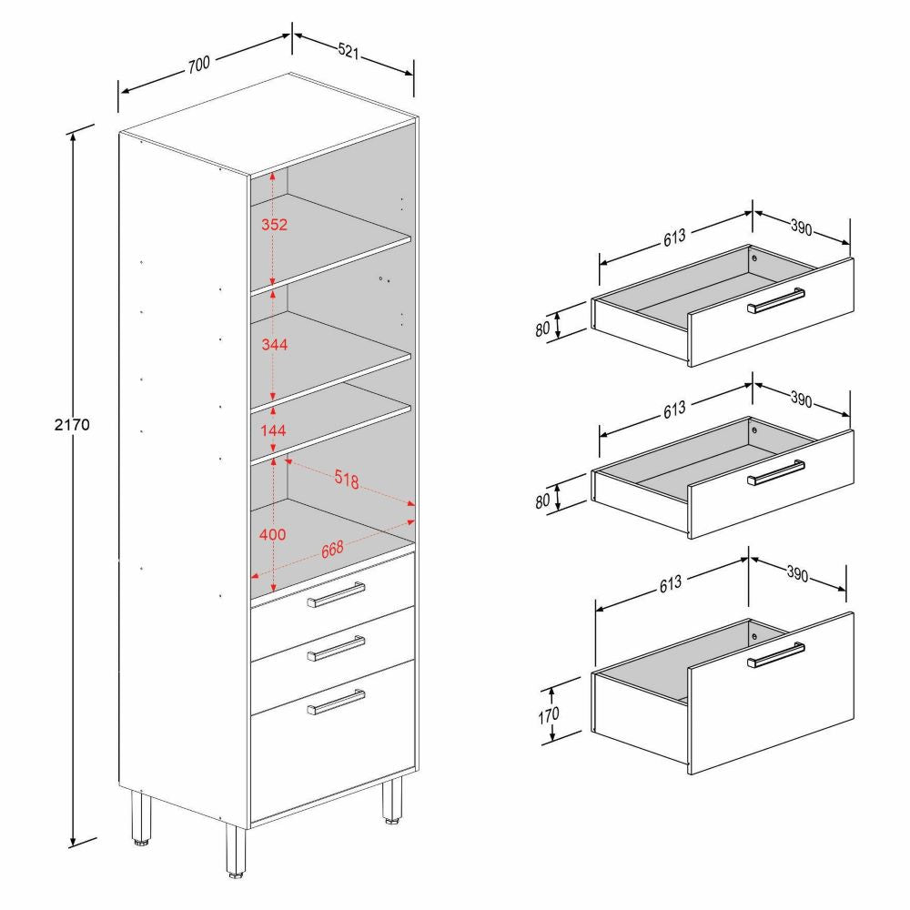 Armário de Cozinha Paneleiro 3 Portas 2 Gavetas e Nichos Bossa Nova Bertolini