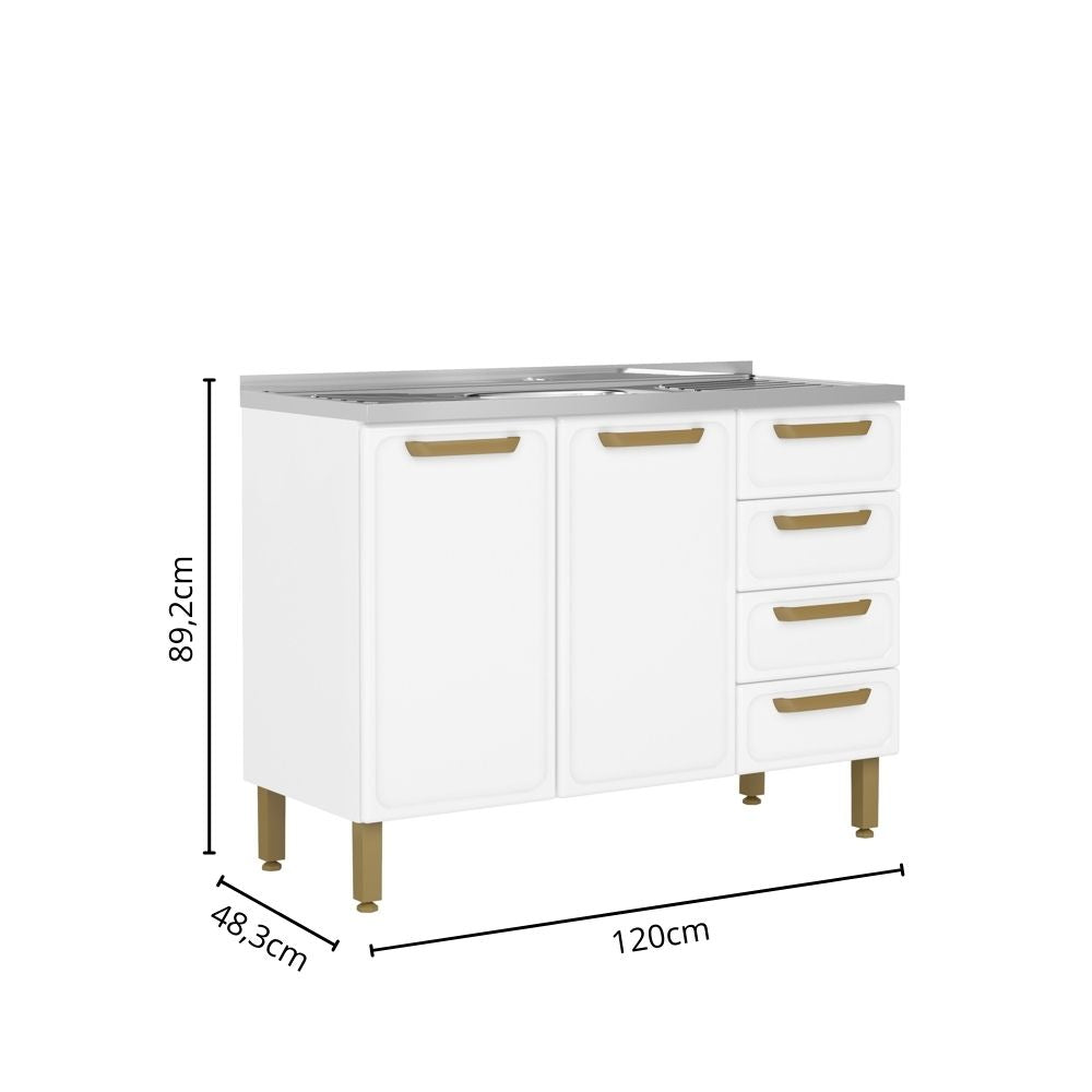 Balcão de Cozinha em Aço com Pia 2 Portas e 4 Gavetas Bella Bertolini